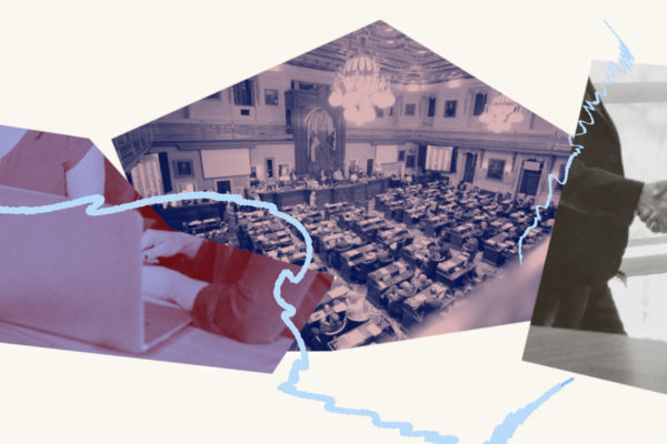 Image collage including a photo of SC House floor, hands and a computer and two hands shaking