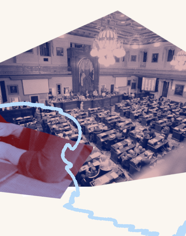Image collage including a photo of SC House floor, hands and a computer and two hands shaking