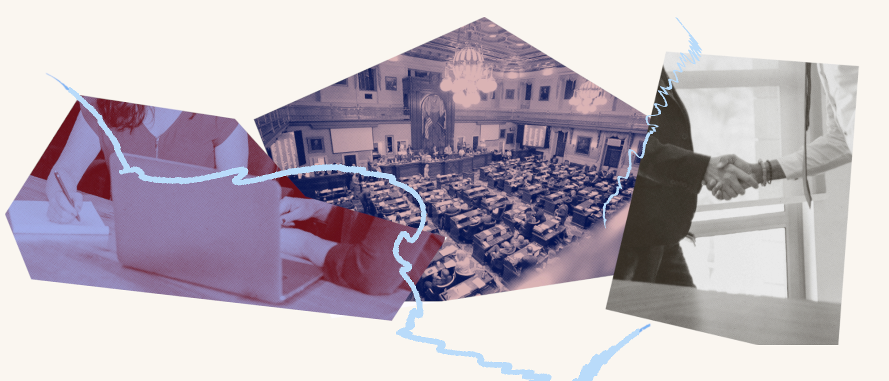 Image collage including a photo of SC House floor, hands and a computer and two hands shaking