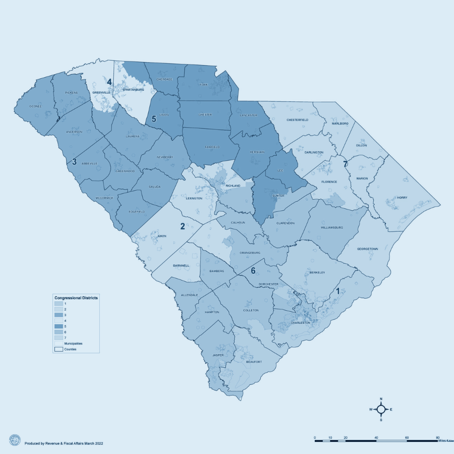 Image of a map of South Carolina divided up by districts