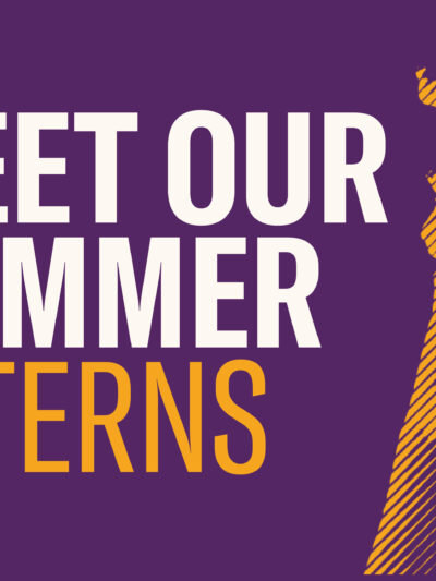 Meet our summer interns. Image of hand holding a torch on purple background.