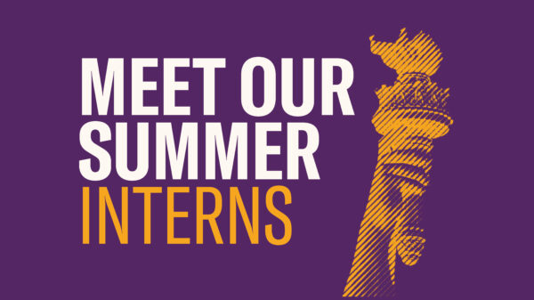 Meet our summer interns. Image of hand holding a torch on purple background.