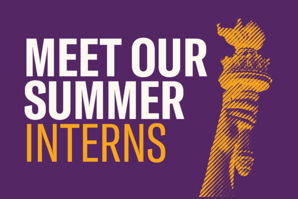 Meet our summer interns. Image of hand holding a torch on purple background.