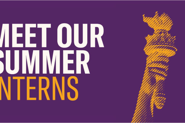 Meet our summer interns. Image of hand holding a torch on purple background.