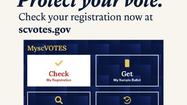 Protect your vote. Check your registration now at scvotes.gov. ACLU of South Carolina logo at bottom right.