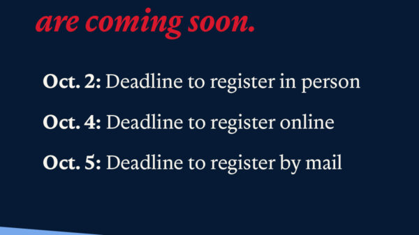 Check your voter registration today. Registration deadlines for the 2026 midterm election are coming soon. Oct. 2: Deadline to register in person. Oct. 4: Deadline to register online. Oct. 5: Deadline to register by mail. ACLU-SC logo at bottom right.