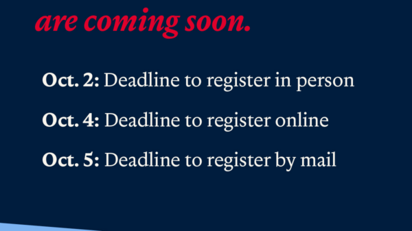 Check your voter registration today. Registration deadlines for the 2026 midterm election are coming soon. Oct. 2: Deadline to register in person. Oct. 4: Deadline to register online. Oct. 5: Deadline to register by mail.