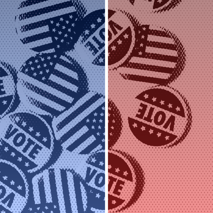 Image of bottons that have the American flag or "Vote" on them. Image is half blue and half red.