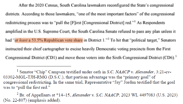 "As Respondents amplified in the U.S. Supreme Court, the South Carolina Senate refused to pass any plan unless it had 'at least a 53.5% Republican  vote share in District 1.'"