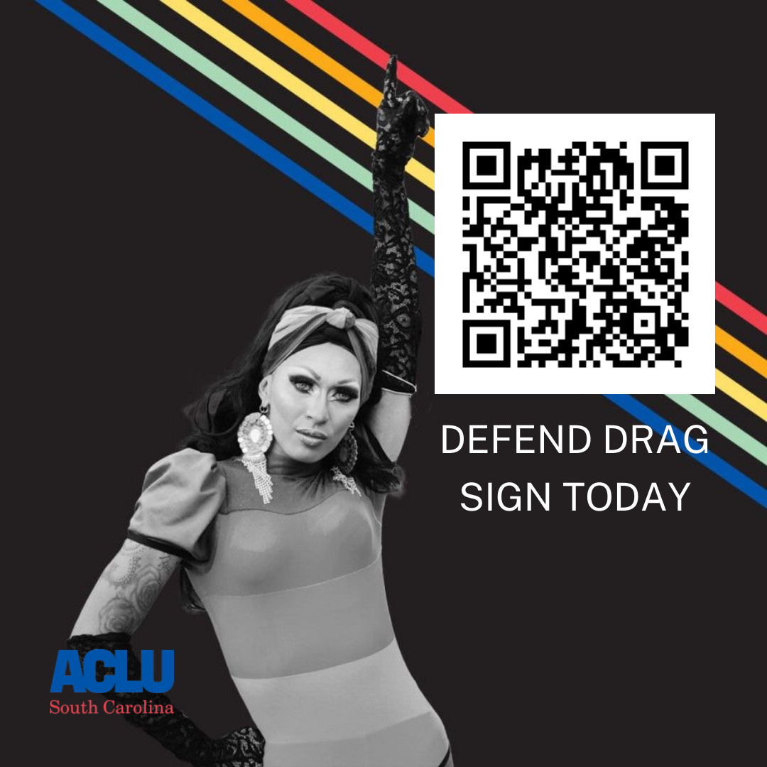 A QR code beside a black-and-white photo of a drag queen pointing skyward over a black background with rainbow stripes. The text reads: "Defend Drag, Sign Today."