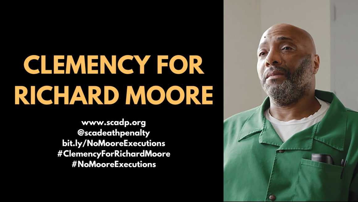 "Clemency for Richard Moore." Text appears beside a photo of Richard Moore, a Black man wearing a green button-up shirt.