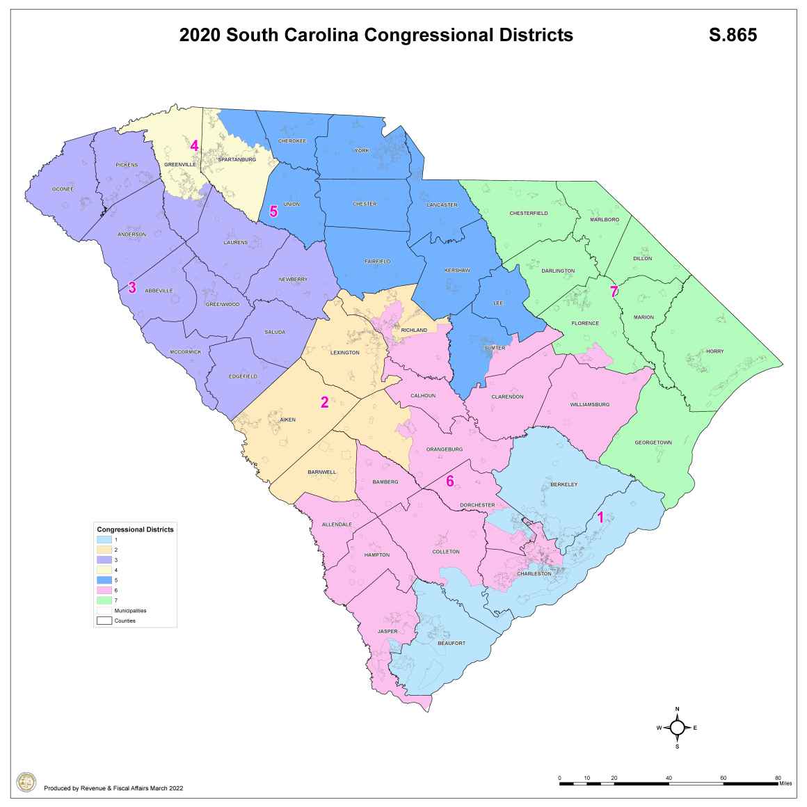 A map of South Carolina's 7 Congressional districts
