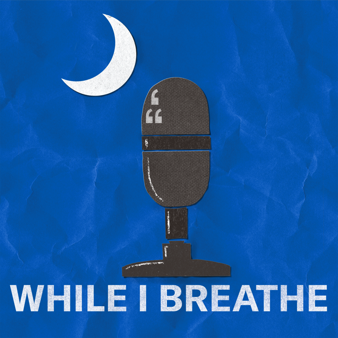 A blue square podcast logo featuring a microphone and a crescent moon in the shape of the South Carolina flag. The words "While I Breathe" appear at the bottom.
