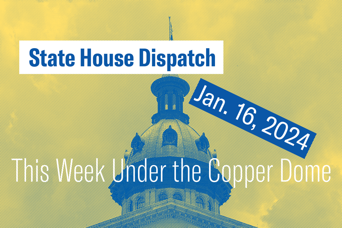 "State House Dispatch: Jan. 16, 2024. This Week Under the Copper Dome." Text appears over a yellow and blue stylized image of the South Carolina State House dome.