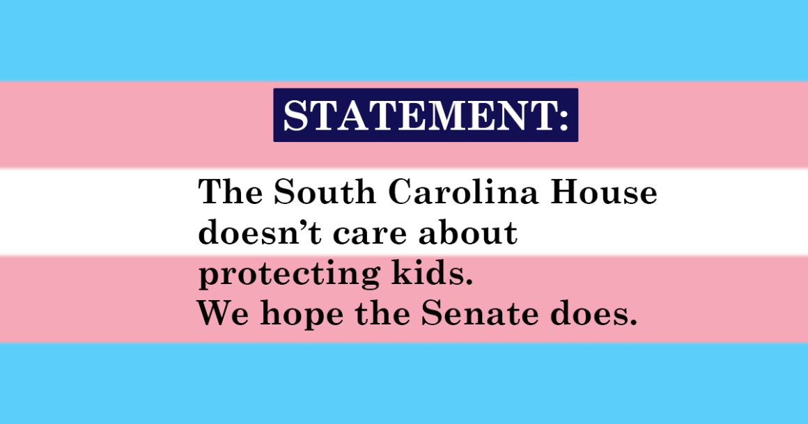 "Statement: The South Carolina House doesn't care about protecting kids. We hope the Senate does." Text appears over a trans pride flag of blue, pink, and white.