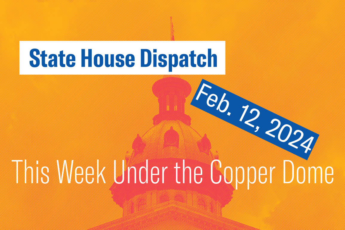 "State House Dispatch: Feb. 12, 2024. This Week Under the Copper Dome." Text appears over an orange-tinted image of the South Carolina State House dome.