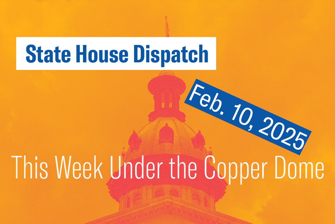 "State House Dispatch: Feb. 10, 2025. This Week Under the Copper Dome." Text appears over an orange-tinted image of the South Carolina State House dome.