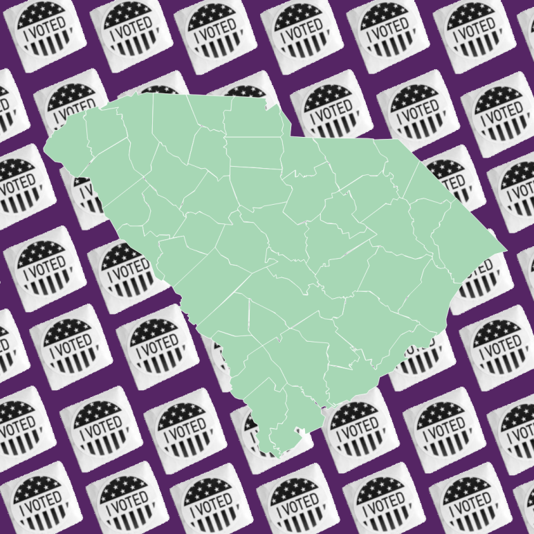 A pale green map of South Carolina overlaid on an array of "I Voted" stickers. The background is purple.