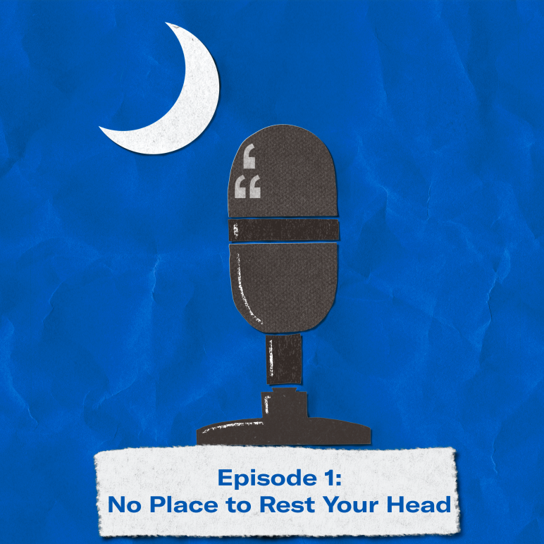A microphone and crescent moon are arranged in the shape of the South Carolina flag on a blue background. Text appears at the bottom: "Episode 1: Place to Rest Your Head"