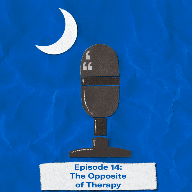 "Episode 14: The Opposite of Therapy." The title appears over a image of a microphone and crescent moon approximating the shape of the South Carolina flag.