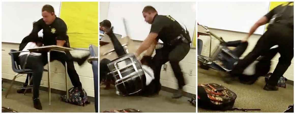 screen-grabs of officer forcibly removing student from chair