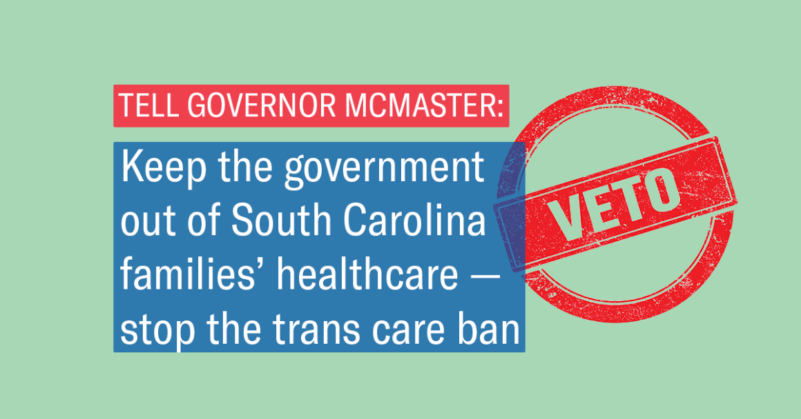 "Tell Governor McMaster: Keep the government out of South Carolina families' healthcare — stop the trans care ban." A red "veto" stamp overlaps with the text.