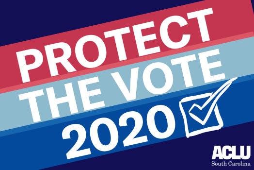 A navy blue background with red, light blue, and bright blue diagonal stripes. Text reads: Protect The Vote 2020. ACLU SC logo is in the bottom right corner.