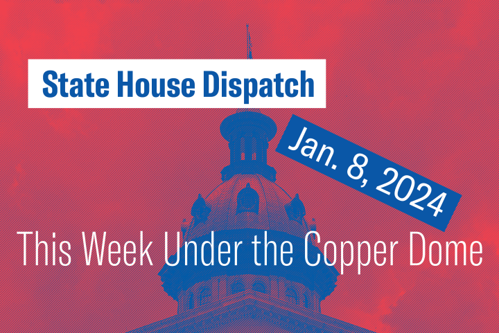 "State House Dispatch: January 8, 2024. This Week Under the Copper Dome." Text appears over a red and blue image of the South Carolina Statehouse.