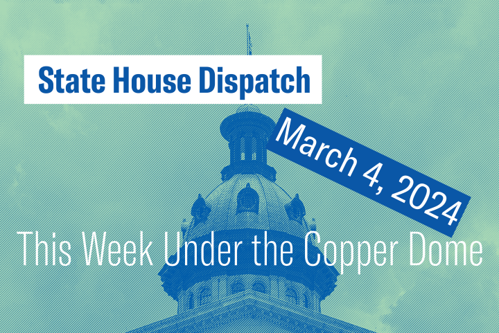 "State House Dispatch: March 4, 2024. This Week Under the Copper Dome." Text appears over a teal and blue image of the South Carolina State House dome.
