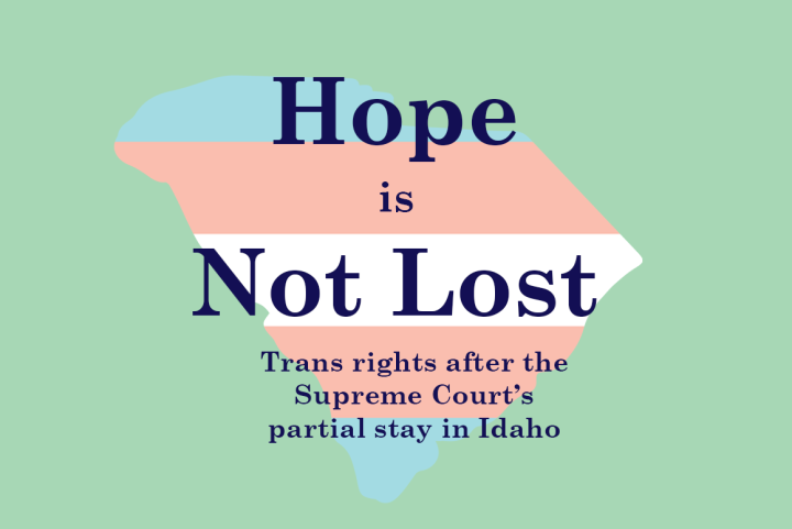 "Hope is Not Lost: Trans rights after the Supreme Court's partial stay in Idaho." Text is overlaid on a map of South Carolina colored in the blue, pink, and white stripes of the trans pride flag.