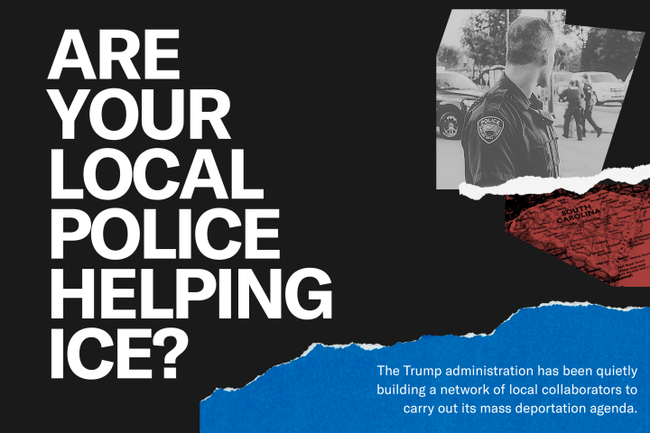 "Are your local police helping ICE? The Trump administration has been quietly building a network of local collaborators to carry out its mass deportation agenda." Collage photo of a police officer facing away from the camera.