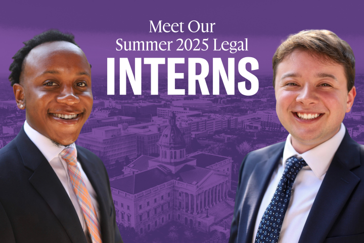 "Meet our summer 2025 legal interns." Professional headshots of Kaleb and Alex in suits and ties in front of a purple-tinted image of the Columbia skyline.
