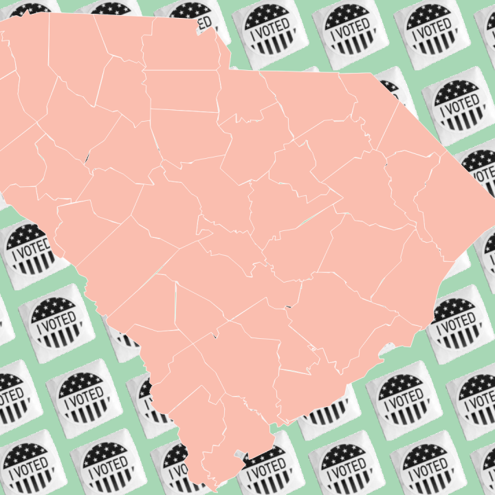 A pink outline of a South Carolina map overlaid on an array of "I Voted" stickers in black and white. The background is light green.