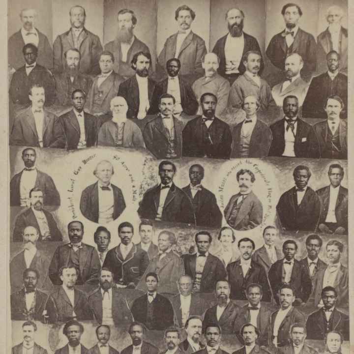A carte-de-visite of 64 so-called "Radical" members of the reconstructed South Carolina legislature after the Civil War.