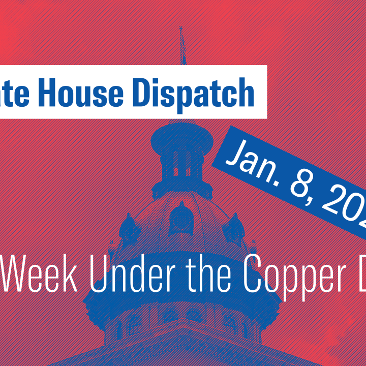 "State House Dispatch: January 8, 2024. This Week Under the Copper Dome." Text appears over a red and blue image of the South Carolina Statehouse.