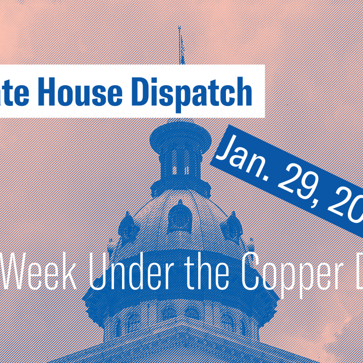 "State House Dispatch: Jan. 29, 2024. This Week Under the Copper Dome." Text appears over a pink and blue image of the State House dome.