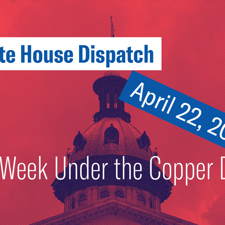 "State House Dispatch: April 22, 2024. This Week Under the Copper Dome." Text appears over a red and blue tinted image of the South Carolina State House dome.