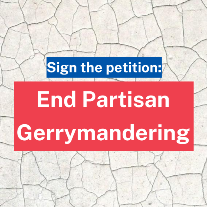 "Sign the petition: End partisan gerrymandering." Text appears over a background that looks like dry, cracked earth. The ACLU SC logo appears in blue at the bottom right.