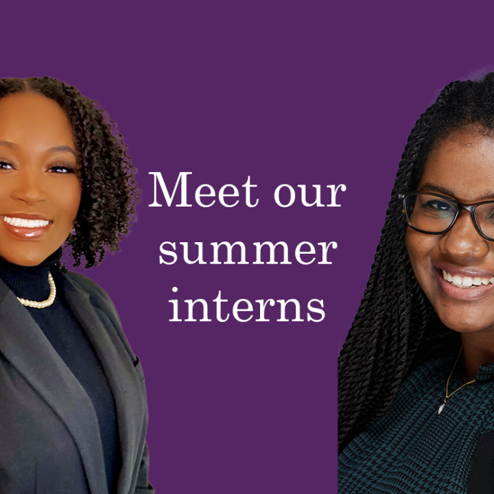 "Meet our summer interns." Text appears on a purple background with cutout professional headshots of the interns.