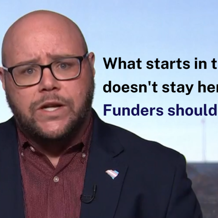 "What starts in the South doesn't stay here. Funders should take note." Photo of Executive Director Jace Woodrum, a white man with short facial hair and thick rimmed glasses, speaking in front of the U.S. Capitol. The ACLU-SC logo is at bottom right.