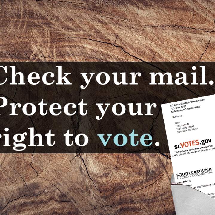"Check your mail. Protect your right to vote." An open envelope with a Voter Registration Confirmation Card inside. Background is a wood countertop.