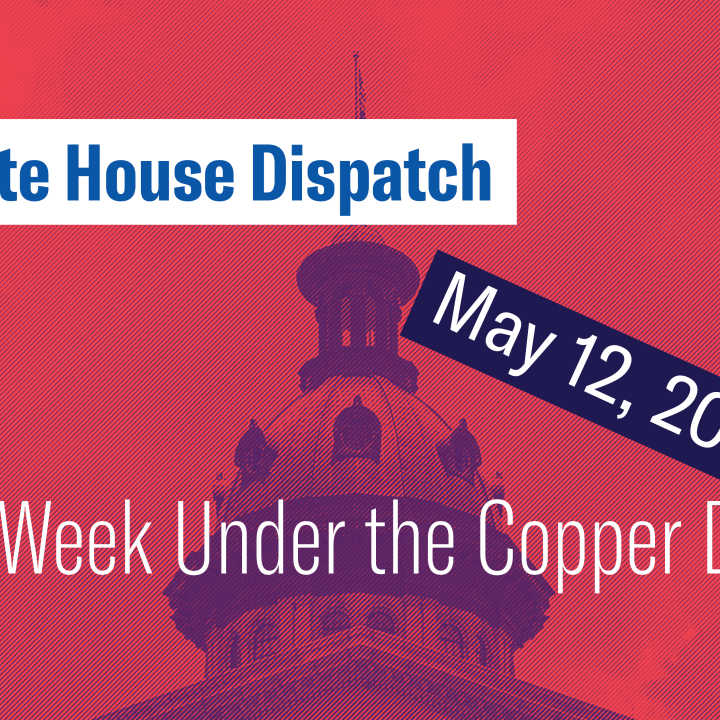 "State House Dispatch: May 12, 2025. This Week Under the Copper Dome." Text appears over a red and blue-tinted image of the South Carolina State House dome.
