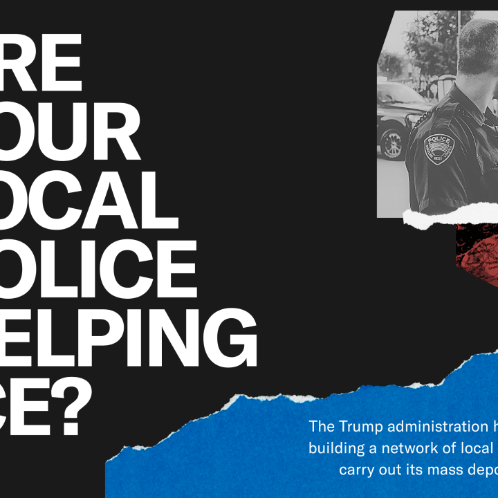 "Are your local police helping ICE? The Trump administration has been quietly building a network of local collaborators to carry out its mass deportation agenda." Collage photo of a police officer facing away from the camera.