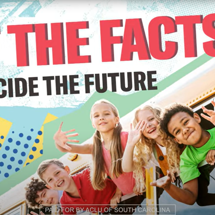 "Get the facts. You decide the future." Text appears over a photo of children waving out of the windows of a school bus.