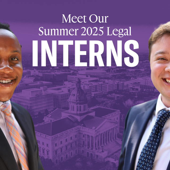 "Meet our summer 2025 legal interns." Professional headshots of Kaleb and Alex in suits and ties in front of a purple-tinted image of the Columbia skyline.