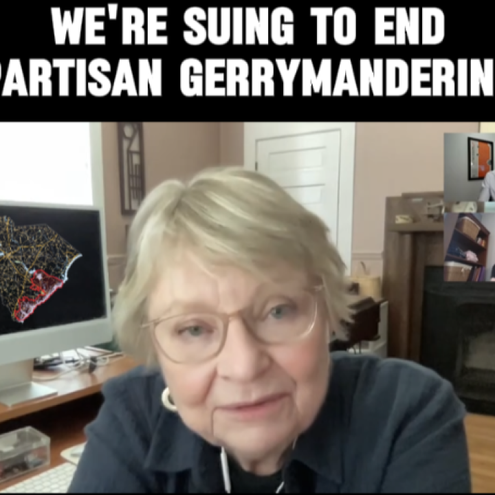 "We're suing to end partisan gerrymandering." Text appears above an image of Lynn Teague speaking in front of a computer monitor with a South Carolina map superimposed on it.