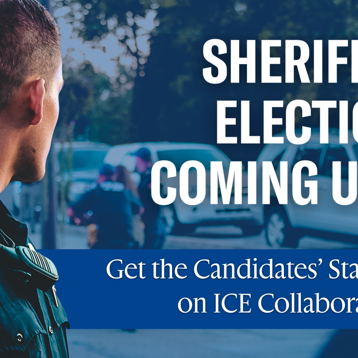"Sheriff's Election Coming Up? Get the candidates' stances on ICE collaboration." Photo of a police officer facing away from the camera. Blue-tinted background includes blurry image of police and vehicles.