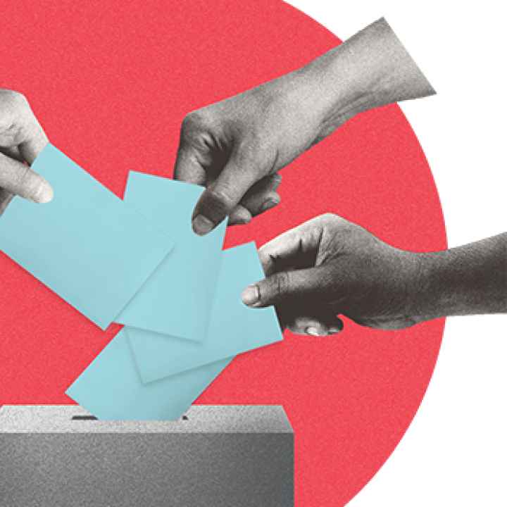 A collage image of hands reaching to place ballots in a box.