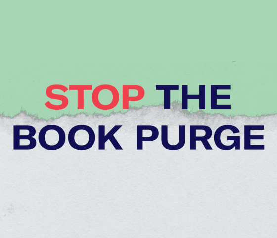 "Stop the Book Purge" overlaid on torn paper and a green background