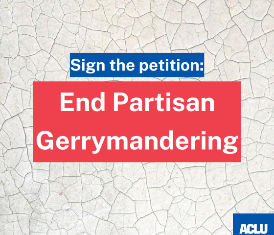 "Sign the petition: End partisan gerrymandering." Text appears over a background that looks like dry, cracked earth. The ACLU SC logo appears in blue at the bottom right.